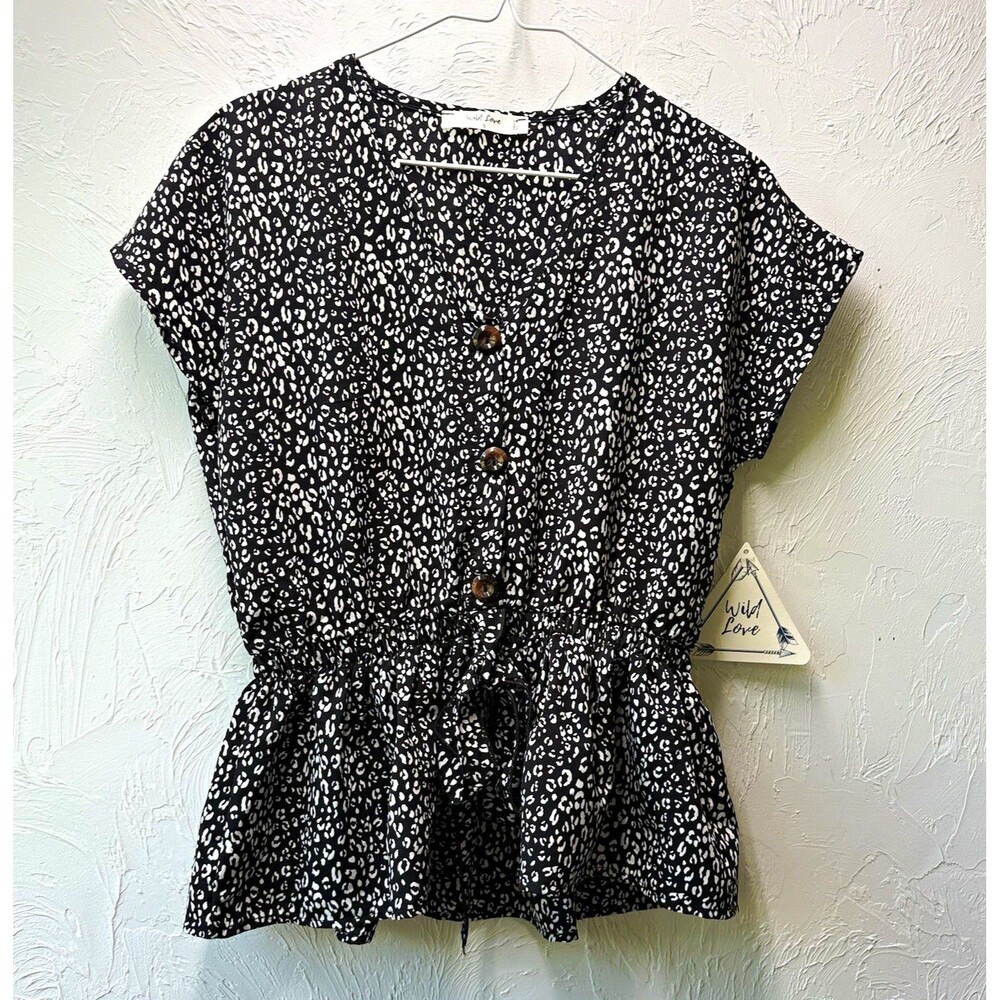 Wild Love Women’s Blouse S Black/White Animal Print Round Neck Button Front